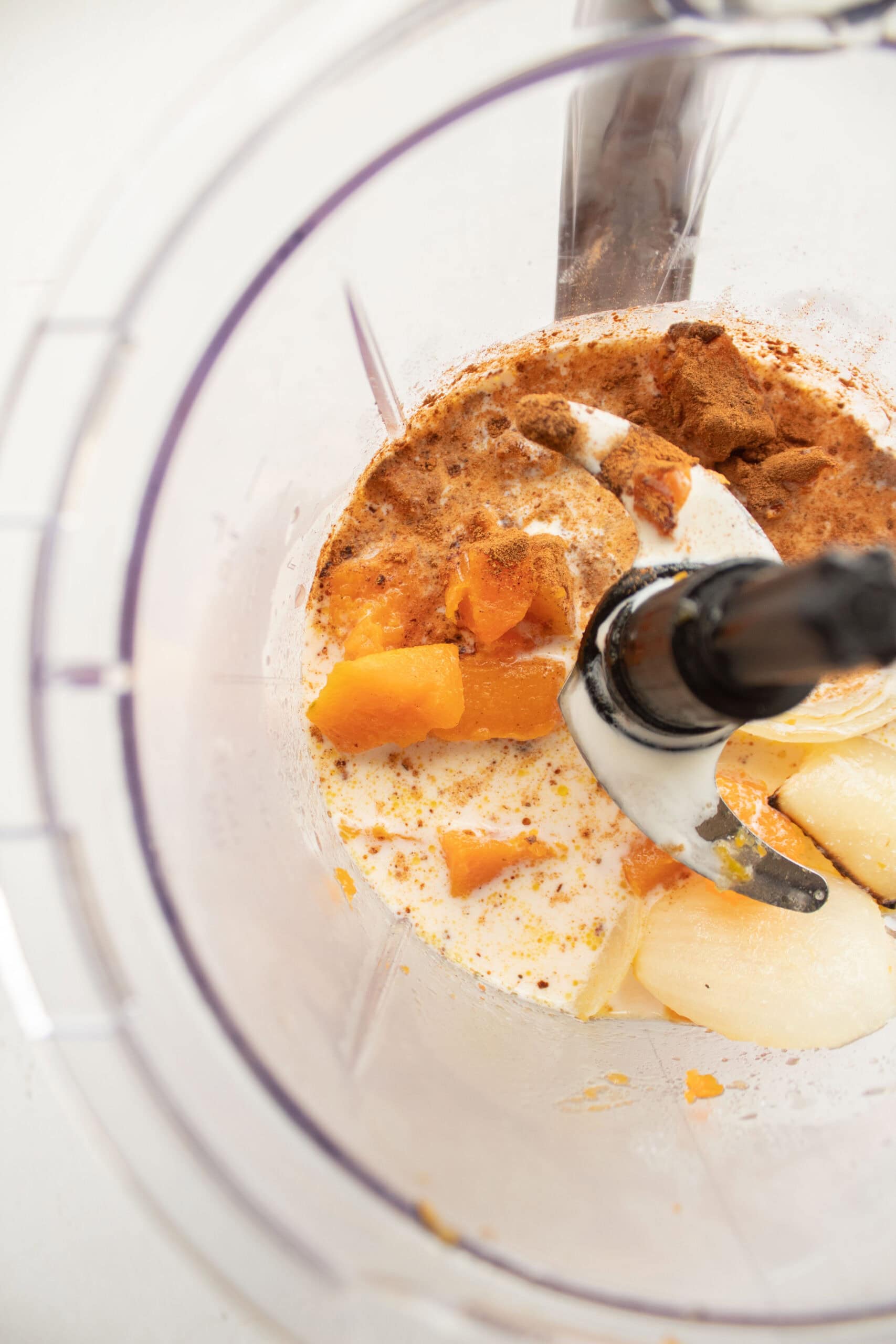 Roasted butternut squash and onions in a blender with cream, nutmeg, cinnamon, salt, and broth.