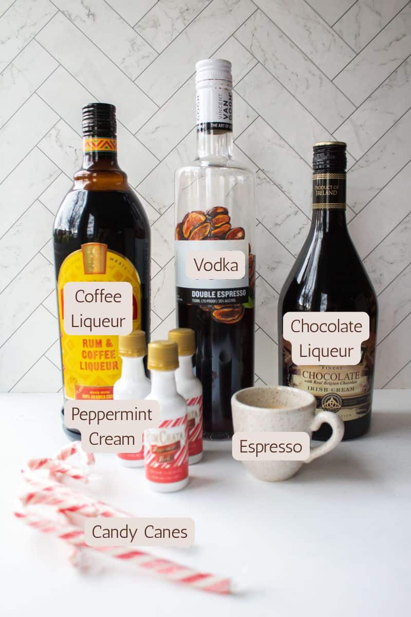 Ingredients to make a chocolate peppermint espresso martini.