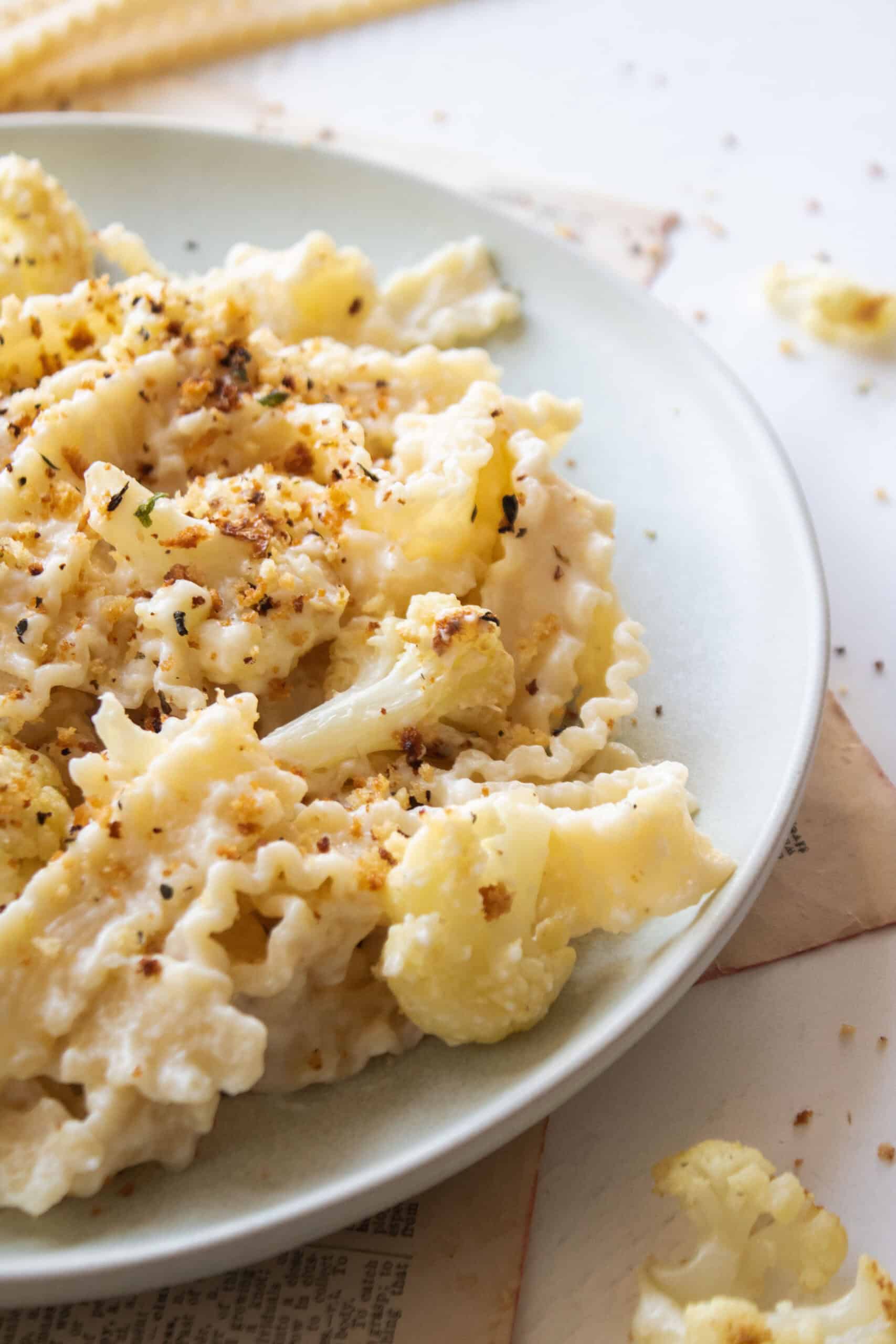 Creamy pasta with roasted cauliflower tossed in a parmesan sauce topped with toasted panko breadcrumbs on a plate.