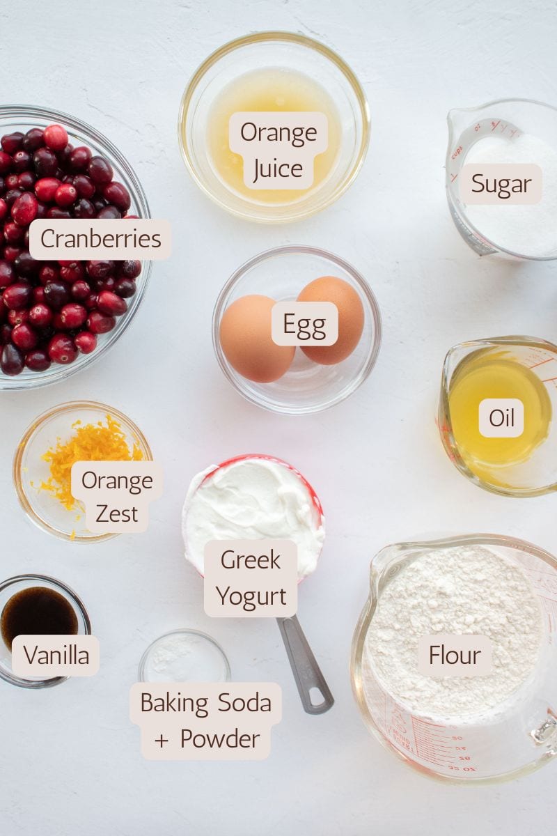 Ingredients to make orange cranberry muffins.