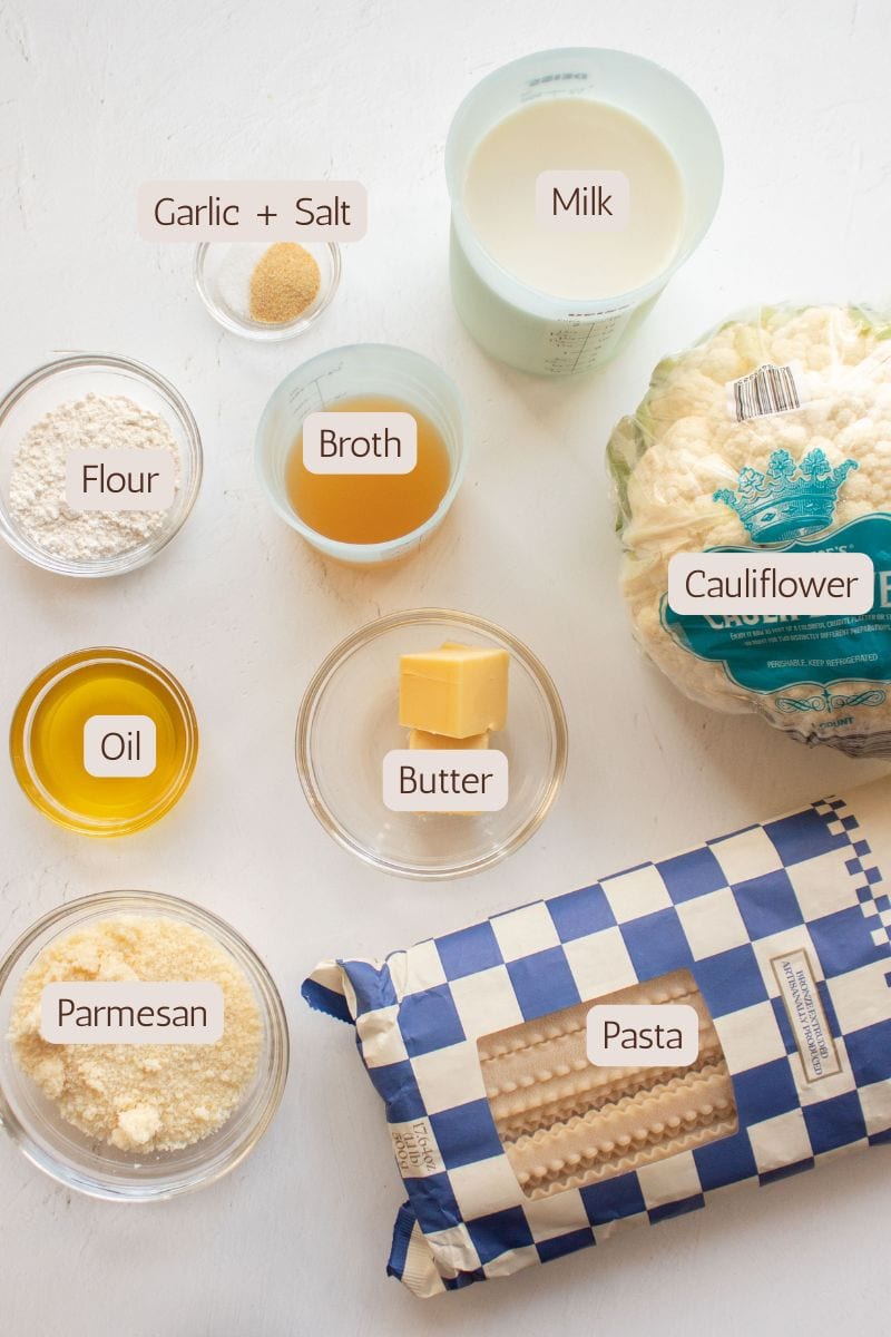 Ingredients to make a creamy pasta with roasted cauliflower.
