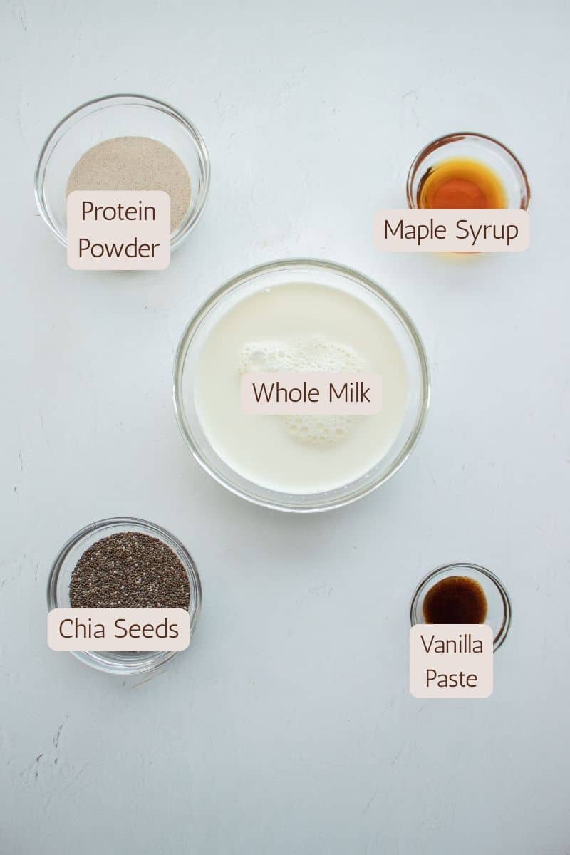 Five ingredients to make a high protein chia pudding with protein powder.