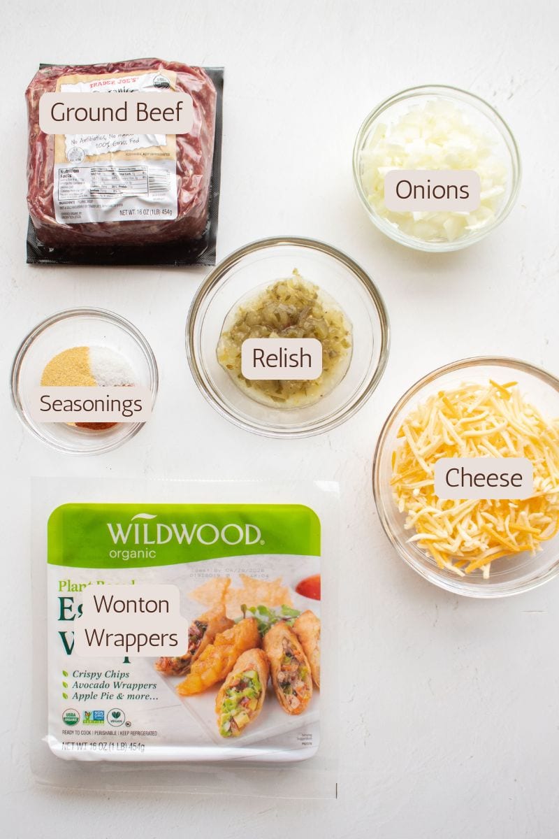 Ingredients to make air fryer cheeseburger egg rolls.