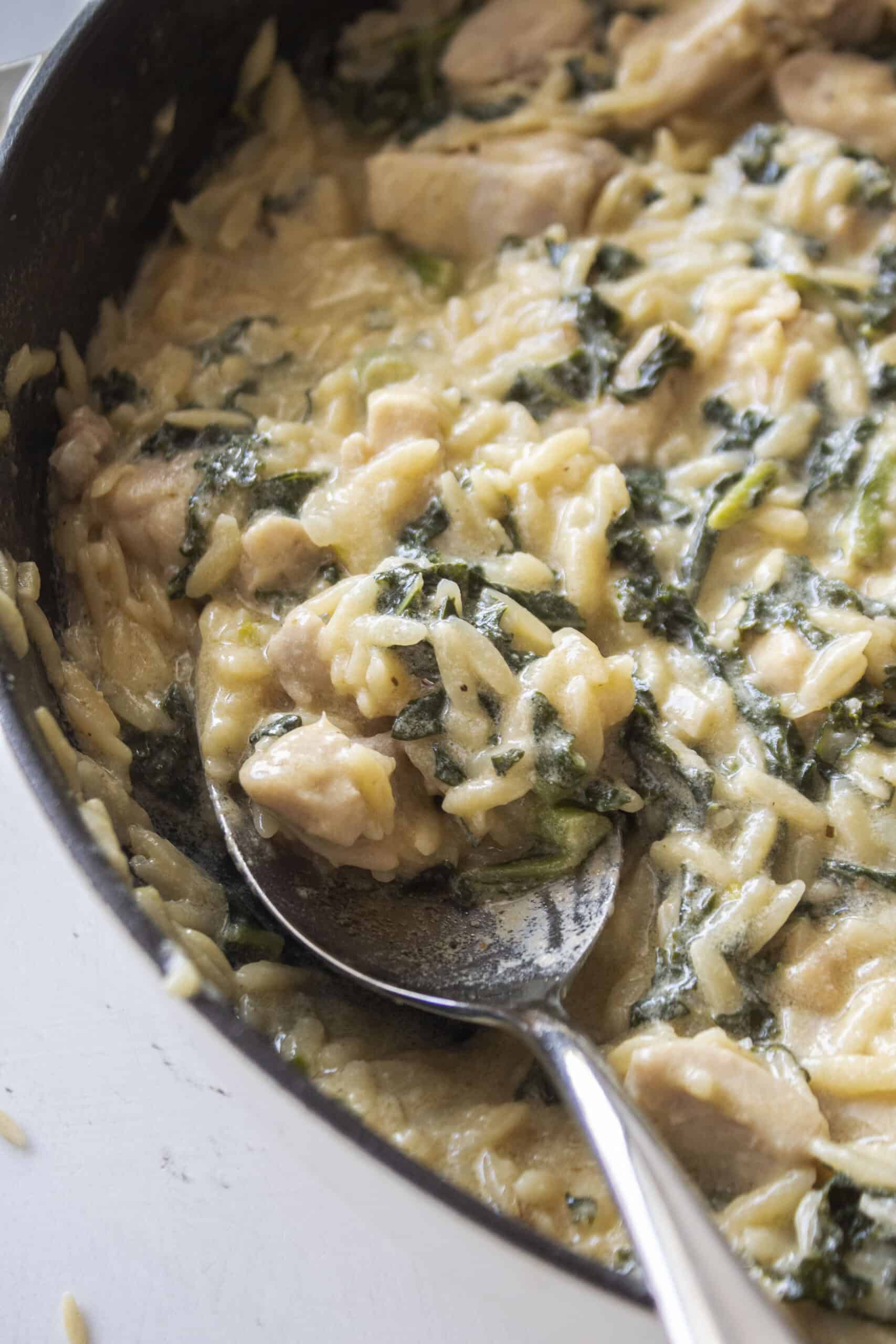 Close up of a spoon in a cast iron skillet holding a spoonful of creamy orzo with chicken and kale.
