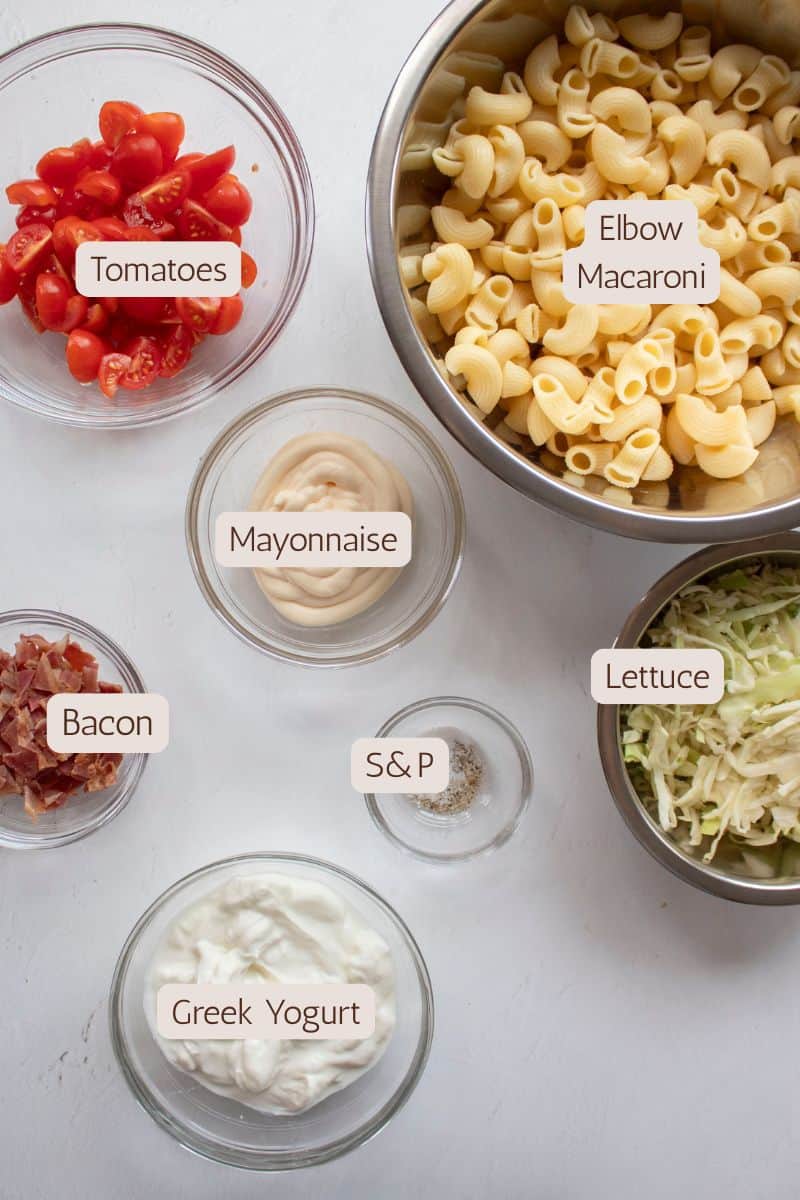 Ingredients to make a BLT pasta salad.