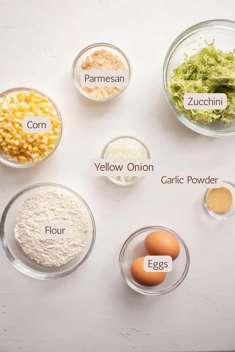 Ingredients to make corn and zucchini fritters.