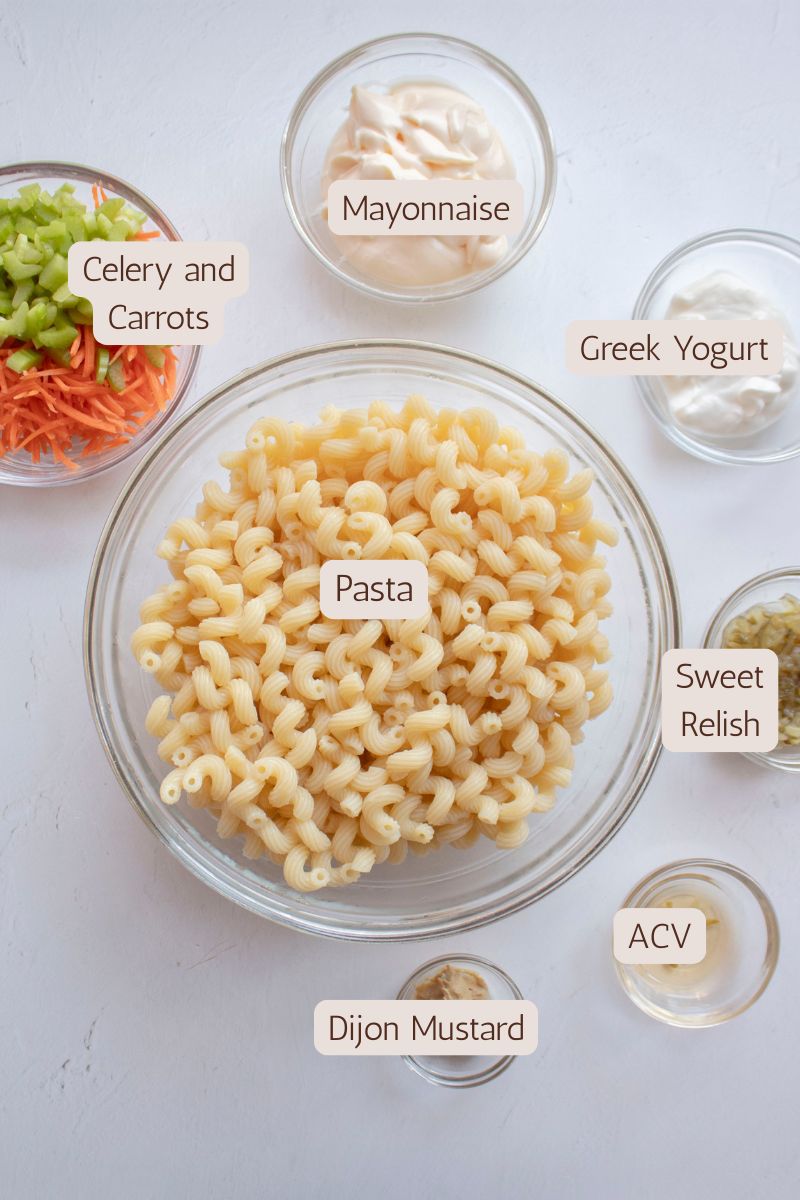 Ingredients to make a tangy classic macaroni pasta salad.