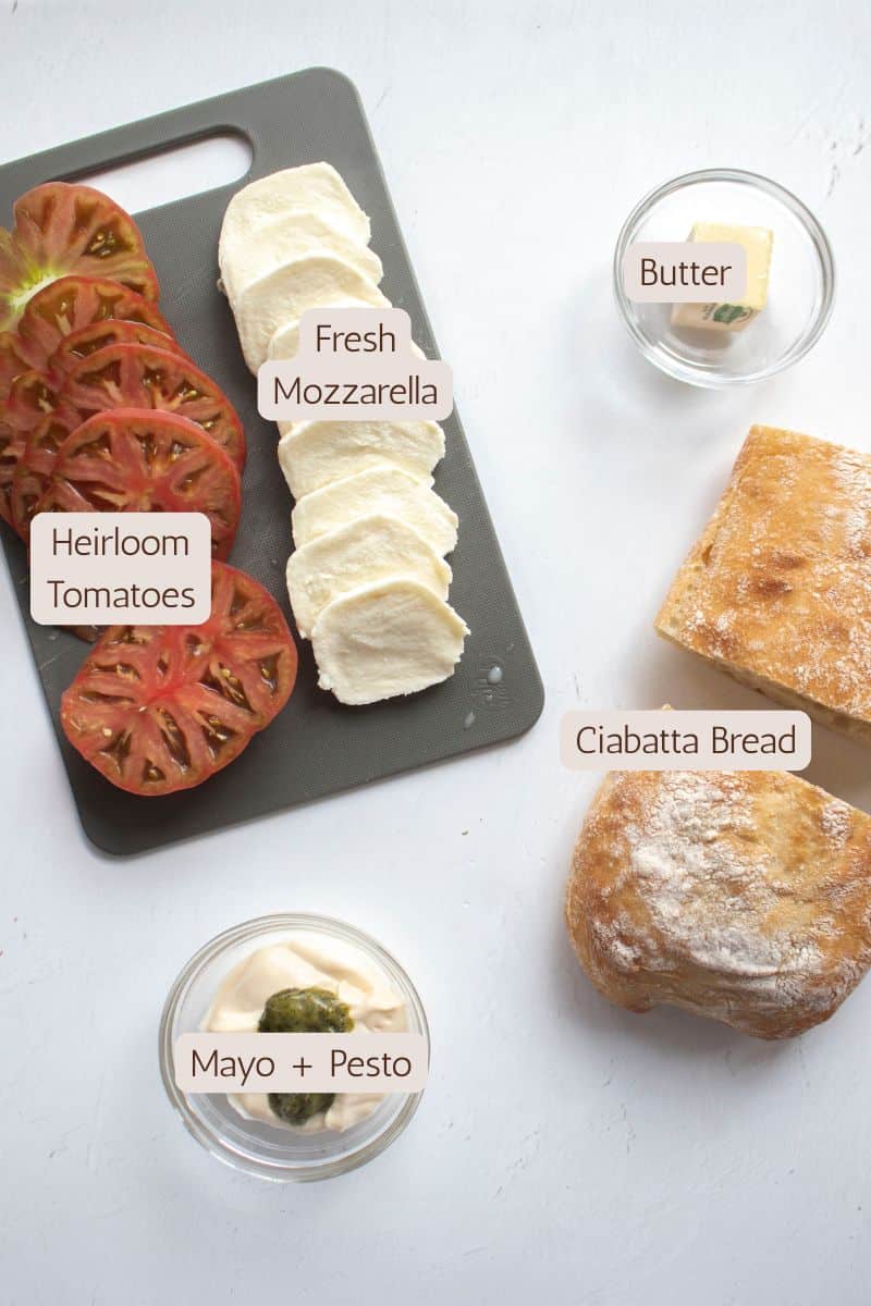 Ingredients to make a toasted tomato mozzarella ciabatta sandwich.