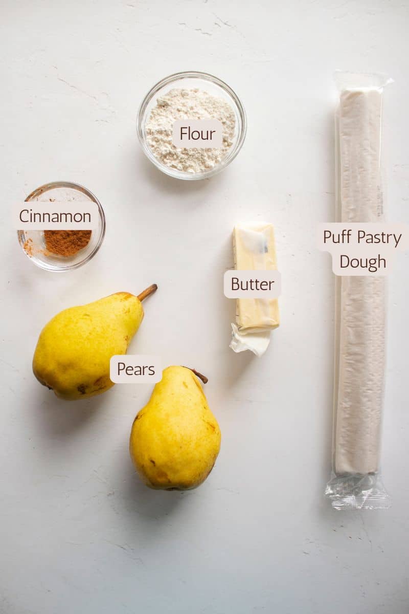 Ingredients to make pear and brown butter puff pastry tarts.