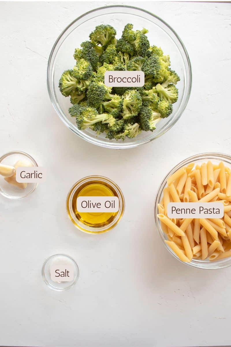 Ingredients to make penne pasta with garlic broccoli.