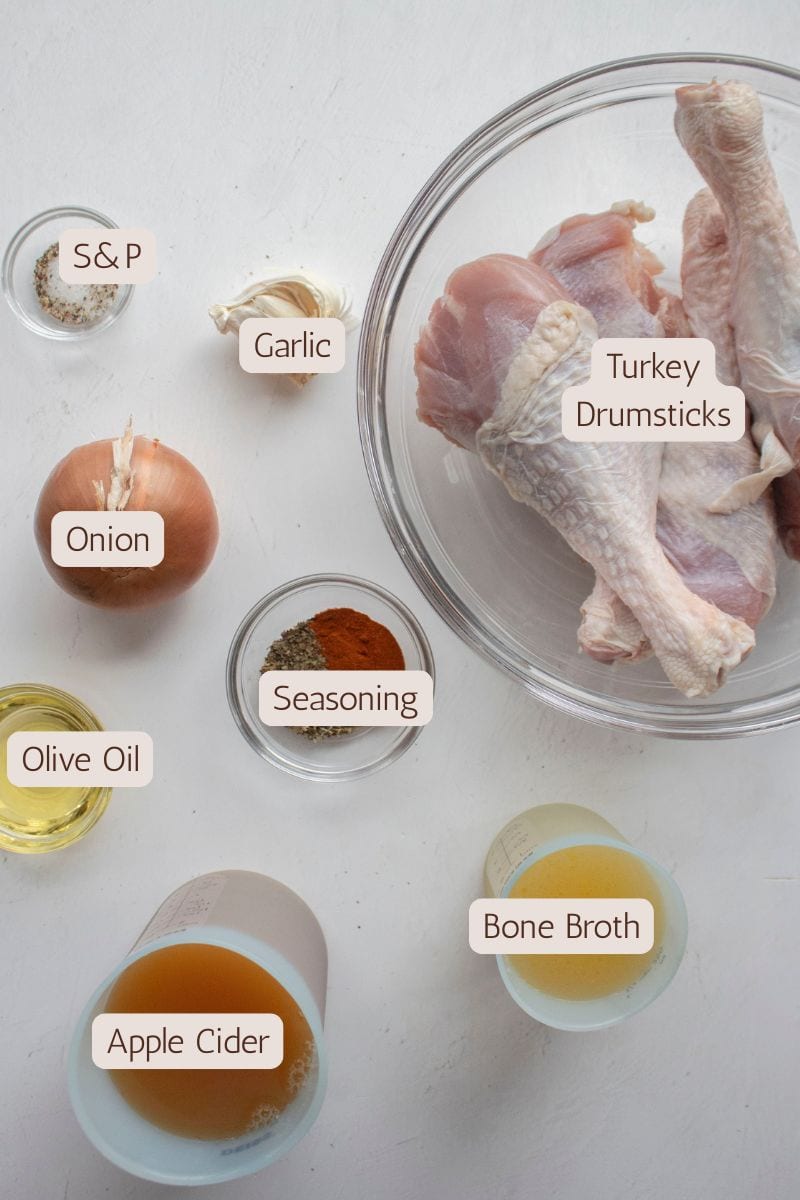 Ingredients to make apple cider braised turkey drumsticks.