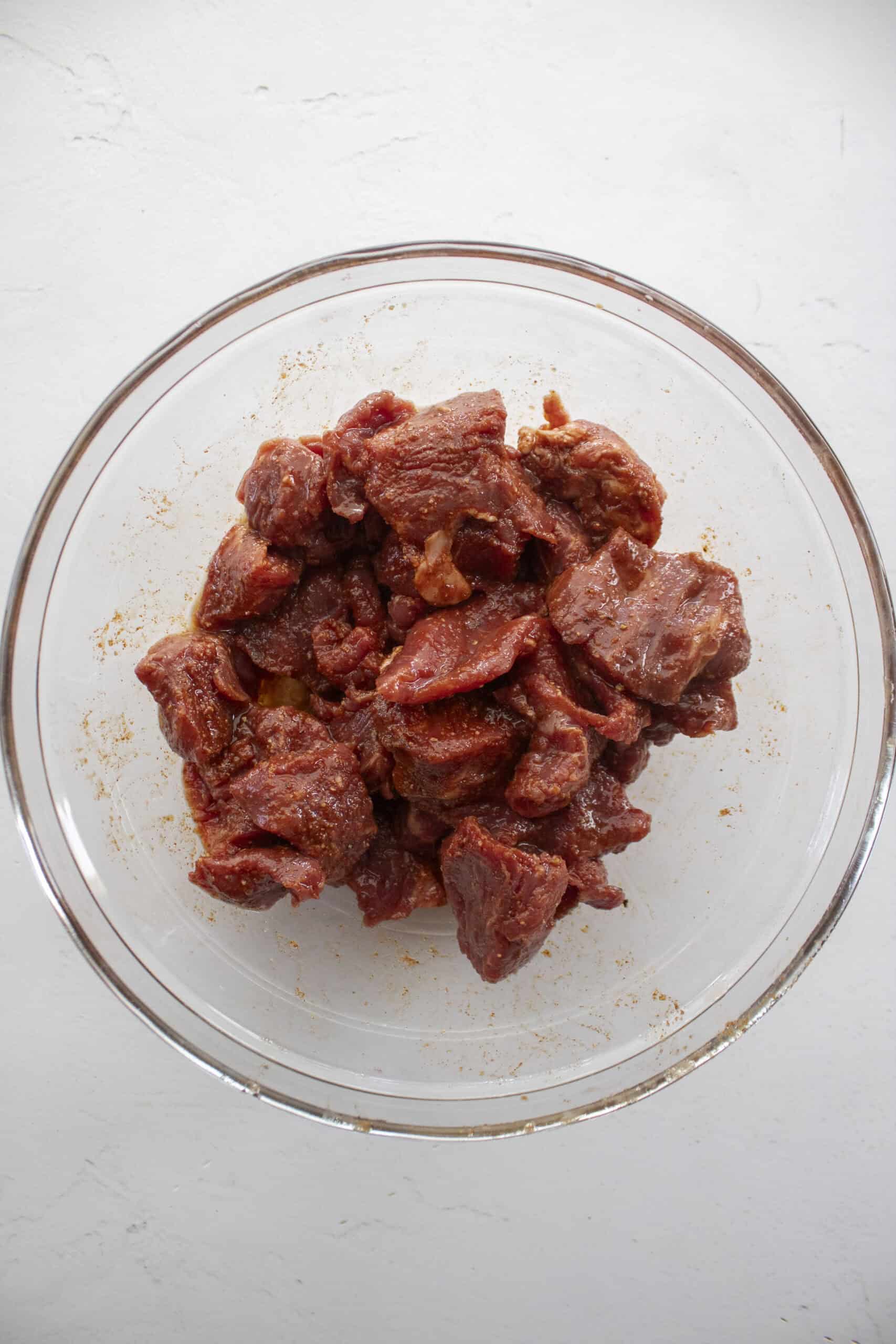 Marinated steak tips in garlic powder, salt, Worcestershire sauce, olive oil, and paprika.